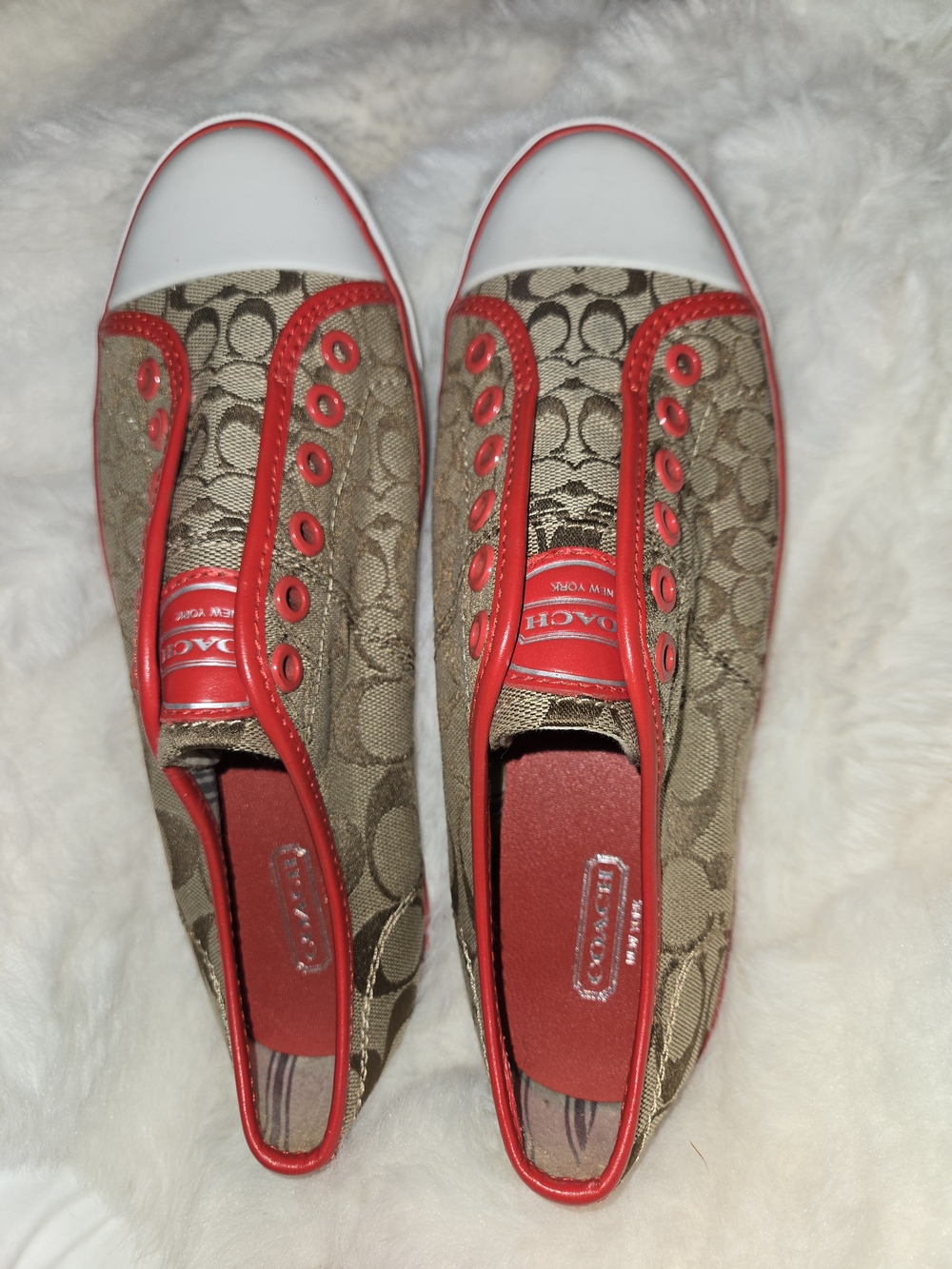 Coach Tan Monogram Slip-On Sneakers with Red Trim